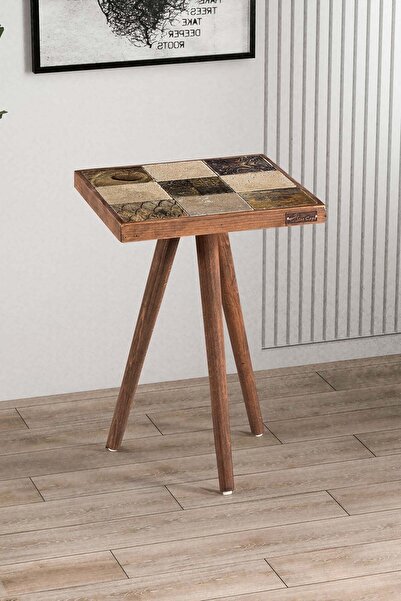 Resmo Treverten Taşlı Doğal Ağaç 32x32cm Ceviz Dekoratif Yan Sehpa Mobilya