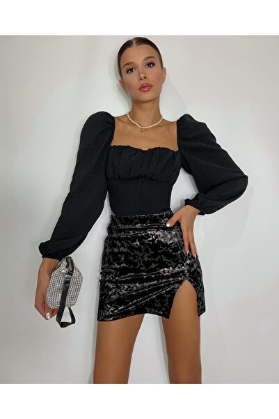 ONO STORE Siyah Kadife Leopar Desen Mini Etek