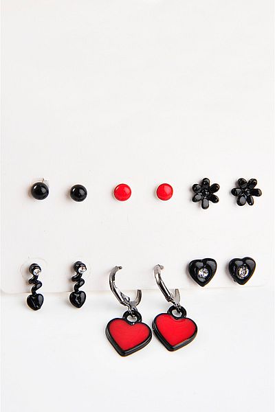 EUROMODA Set of 12 Black Heart and Flower Design Hoop and Ball Earring Earrings