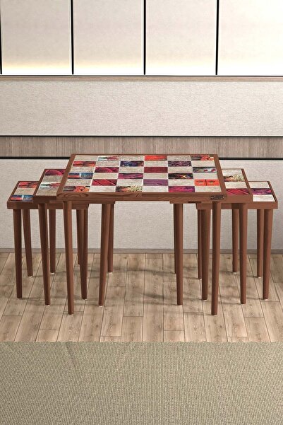 Resmo Treverten Taşlı Ceviz Doğal Ağaç 5'li Zigon Dekoratif Yan Sehpa Mobilya