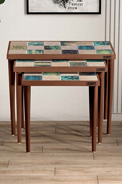 Resmo Traverten Taşlı Ceviz Doğal Ağaç 3'lü Zigon Dekoratif Yan Sehpa Mobilya