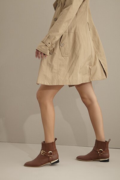 AYAKKABI PRENSİ Arche Elastic and Buckle Detailed Tan Matte 3 cm Women's Boot...