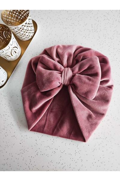 Elvinege Aksesuar Gül Kurusu Rengi Çift Katlı Kadife Fiyonklu Kız Bebek Bonesi