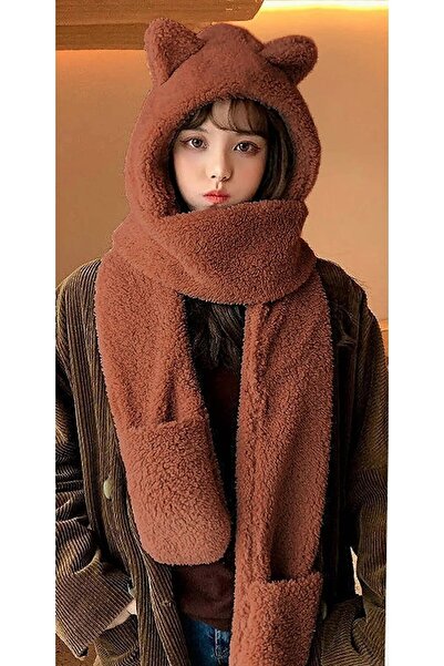 Homy Life Korean Style Plush Bear Eared Hooded Hat Beanie Winter With Pocket Gloves Welsoft Scarf Neck Collar Shawl