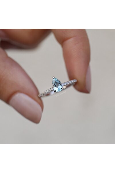 INZA mücevherat Özel Tasarım Kenar Taşlı Damla Aquamarine & Pırlanta Yüzük
