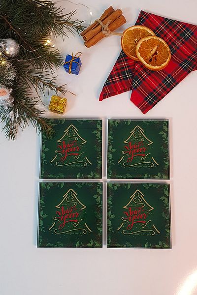 Decorita Glass Coaster| Happy New Year Green| Set of 4| 10cm X 10cm