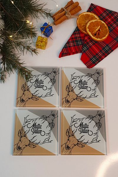 Decorita Glass Coaster| Happy New Year Happy Deer| Set of 4| 10cm X 10cm