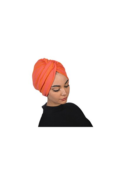 Twisted Beignet Pink Orange , Turuncu Ve Pembe Çizgili Esnek Örme Kumaş El Yapımı Şık Bone