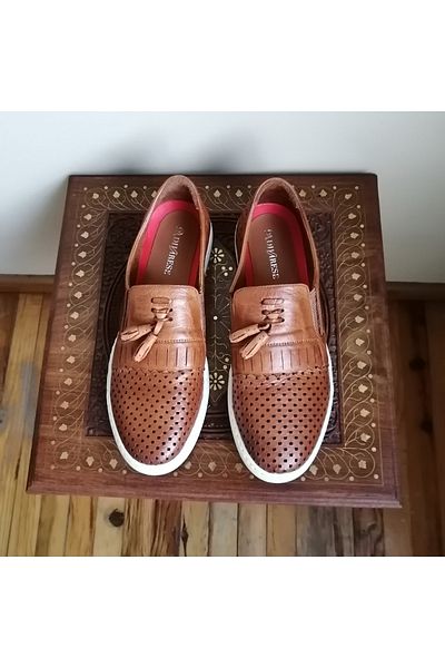 D By Divarese Unisex Genuine Tan Burning Antique Staple Perforated Tasseled Pompom Rubber Sole Loafer