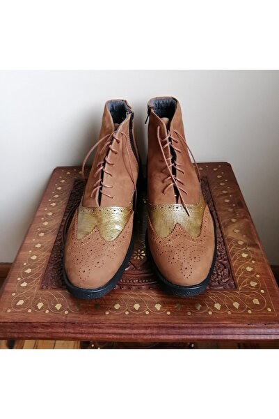 Butik Tülin Erkek Hakiki Deri Nubuk Taba Yılan Baskı Fermuarlı Bağcıklı Kayma...