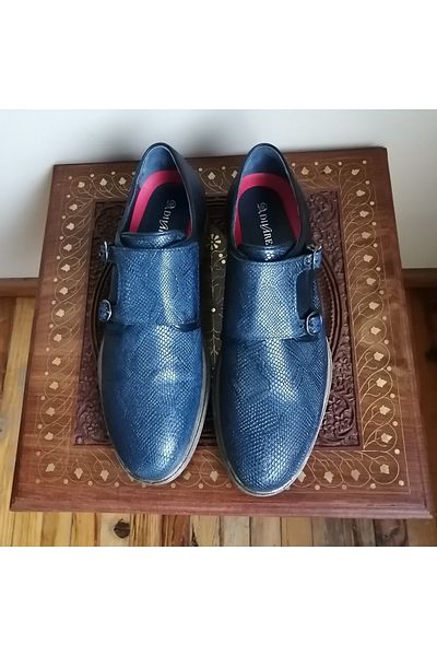 D By Divarese Unisex Genuine Leather Navy Blue Snake Print Plain Combination Double Buckle Lightweight Eva Sole Loafer