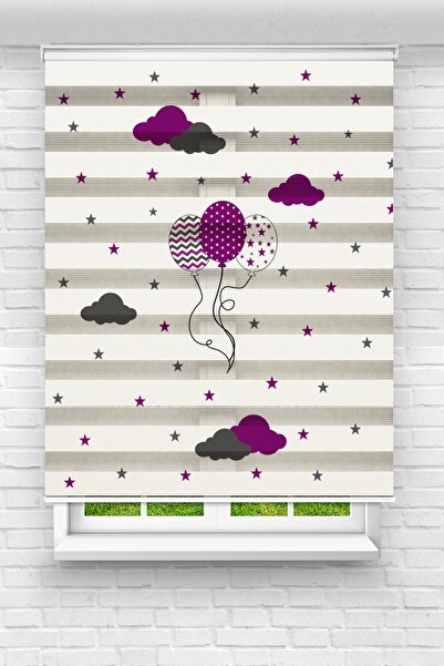 Genel Markalar Çocuk Odası - 3 Lü Mor Balon Ve Yıldızlar Baskılı Zebra Perde
