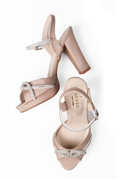 Mio Gusto Beige Color Stone Banded, Platform Women's Evening Dress Heeled Shoes
