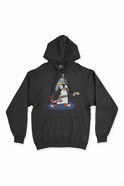 Cix سويت شيرت بقلنسوة أسود لعازف الجيتار Rocker Penguin مع قبعة