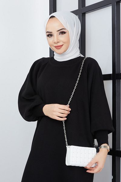 Pamuk Butik Γυναικείο Μαύρο Πλεκτό Φόρεμα Hijab με μπαλόνι μανίκι