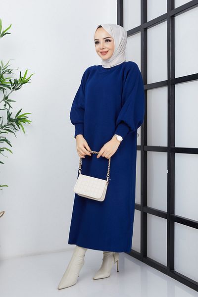 Pamuk Butik Γυναικείο Νυχτερινό Μπλε Πλεκτό Φόρεμα Μπαλόνι Μανίκι