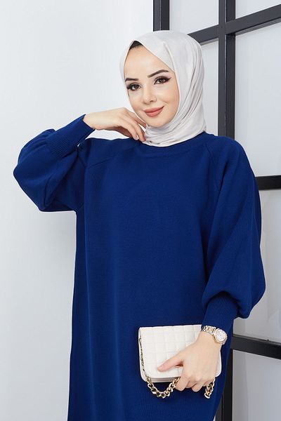Pamuk Butik Γυναικείο Νυχτερινό Μπλε Πλεκτό Φόρεμα Μπαλόνι Μανίκι