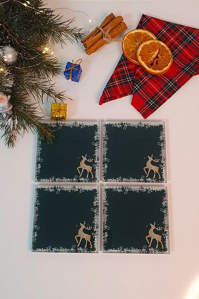 Decorita Glass Coaster| New Year Snow Framed| Set of 4| 10cm X 10cm
