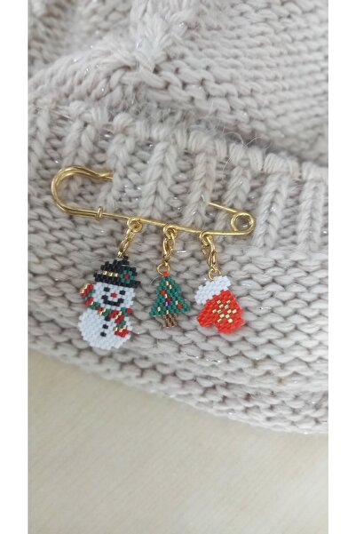 Atolye Ferda Altın Renk Yeni Yıl Temalı Miyuki Iskoç Iğnesi - Yaka Iğnesi - Broş