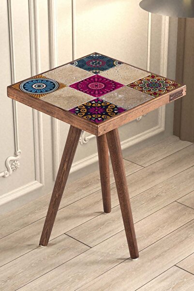 bluecape Traverten Taşlı Doğal Ağaç 32x32cm Ceviz Dekoratif Sehpa