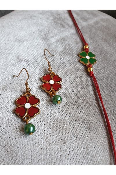 Pinkimaj Red Green Clover Lucky Bracelet Earring Set