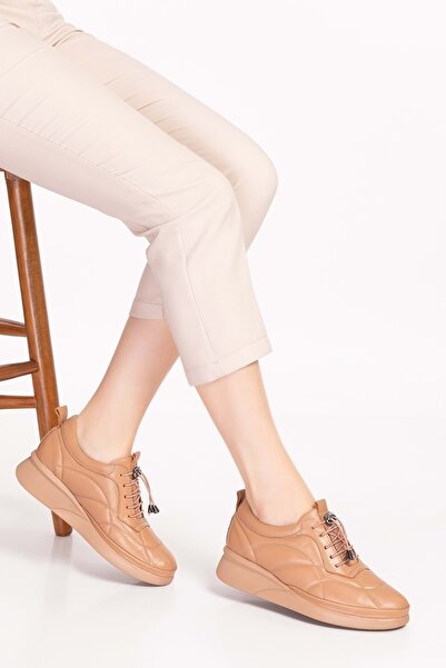 Gondol Hakiki Deri Anatomik Taban Rahat Lastik Bağcıklı Ayakkabı Ndr.5506 - Nude - 37