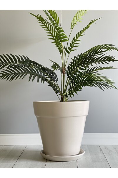 odka Kalın Dudaklı Konik Saksı 25cmx23cm Tabaklı Ekru