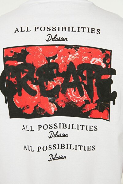 Trendyol Collection Biała koszulka oversize z nadrukiem – z krótkim rękawem TMNSS21TS0878