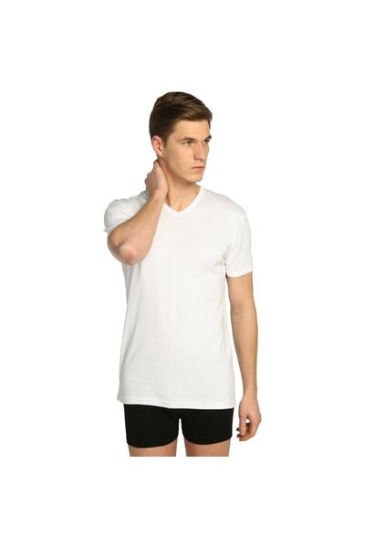 Tutku Мъжка бяла ребрена тениска с V-образно деколте