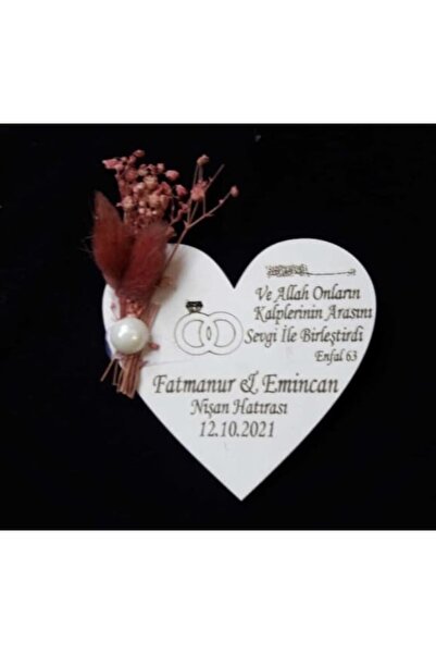 GÜVEN Ahşap Kalp Nişan Söz Nikah Magneti Çiçekli Enfal Suresi 24 Adet