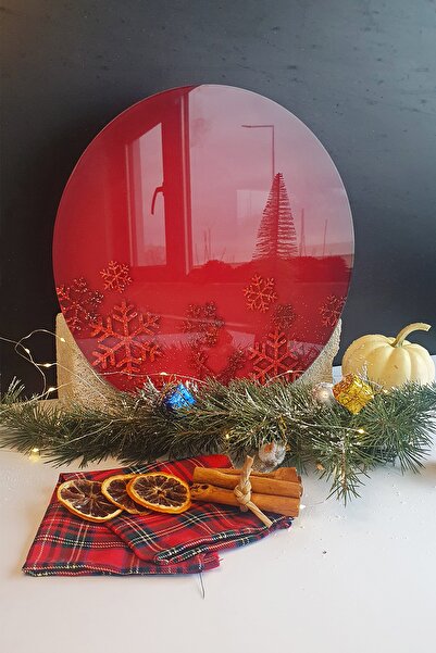 Decorita Cam Kesme Tahtası - Cam Kesme Tablası | Happy New Year Kırmızı | Çap32 Cm