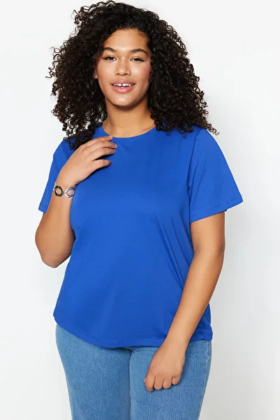 Trendyol Curve Tričko Saks Color Crew Neck 100% bavlna Plus Size - Tbbss22Ts0733