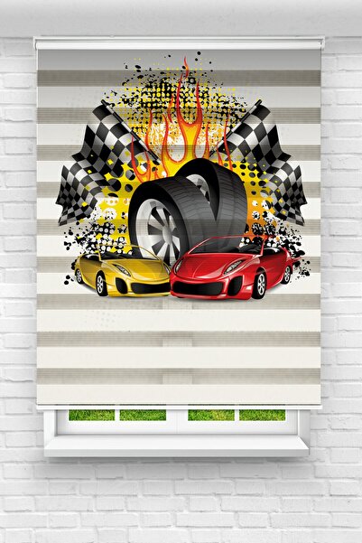 Genel Markalar Çocuk Odası - Spor Yarış Arabaları Baskılı Zebra Perde