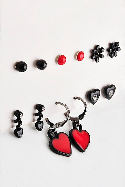 EUROMODA Set of 12 Black Heart and Flower Design Hoop and Ball Earring Earrings