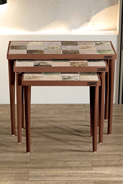 Resmo Traverten Taşlı Ceviz Doğal Ağaç 3'lü Zigon Dekoratif Yan Sehpa Mobilya