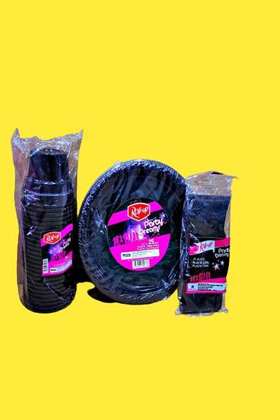 Roll-Up لوازم الحفلات مجموعة حفلات باللون الأسود للمناسبات الخاصة. 25 طبق، 25 شوكة، 25 كوب