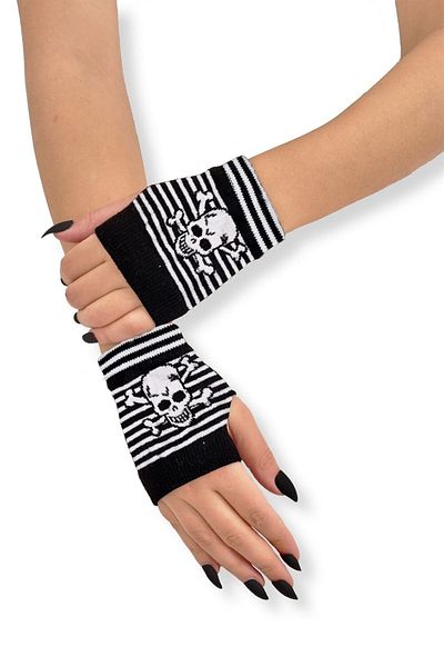 İYİ MODA Cut Finger Double Black White Skull Short Gloves Arm Sleeve