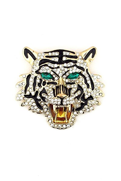 Solfera Büyük Boy Kaplan Tiger Zirkon Taşlı Yaka Iğnesi Broş Rz106
