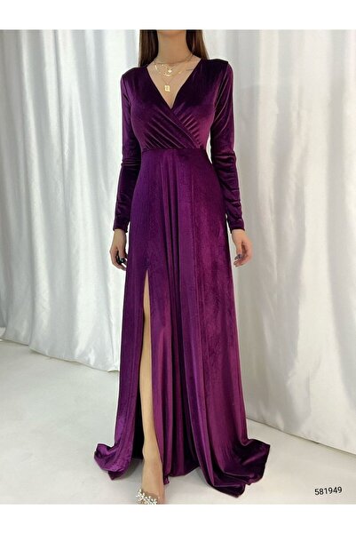 Secret Passion Lingerie Kadife Kumaş Kruvaze Yaka Yırtmaçlı Uzun Kollu Abiye Ve Mezuniyet Elbisesi 581949 725