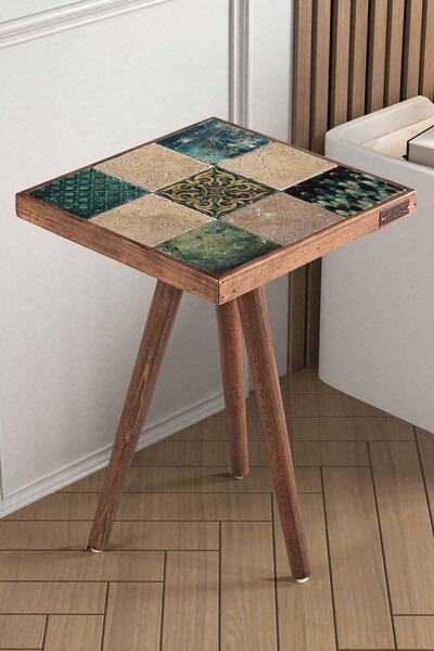 Resmo Treverten Taşlı Doğal Ağaç 32x32cm Ceviz Dekoratif Yan Sehpa Mobilya