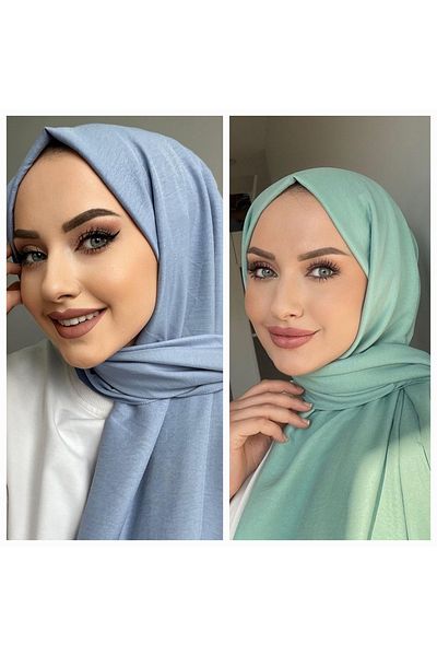 Narine Hijab Γυναικείο Βαμβακερό Σετ Μοντέλο Cazz Shawl 2 τεμαχίων-μπλε-μέντα Πράσινο