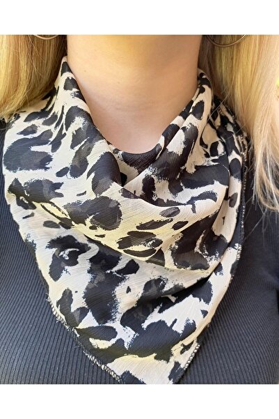 Elvinege Aksesuar Siyah - Sarı Leopar Desen Şifon Bandana Fular