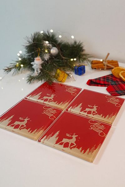 Decorita Glass Coaster| Happy New Year Red Silhouette| Set of 4| 10cm X 10cm