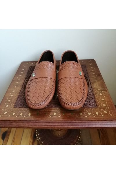 Butik Tülin Unisex Genuine Leather Tan Knit Flat Combination Banded Non-Slip Crampon Rubber Sole Loafer