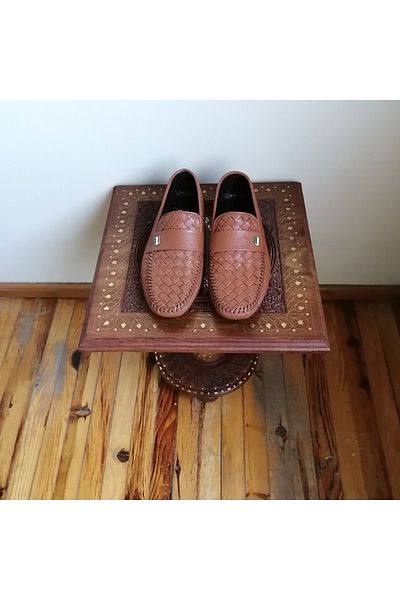 Butik Tülin Unisex Genuine Leather Tan Knit Flat Combination Banded Non-Slip Crampon Rubber Sole Loafer
