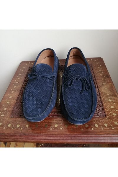 İnci Unisex Genuine Leather Suede Navy Blue Hand Knitted Plain Combination Bias Lacing Ornamental Rubber Insert Sole Loafer