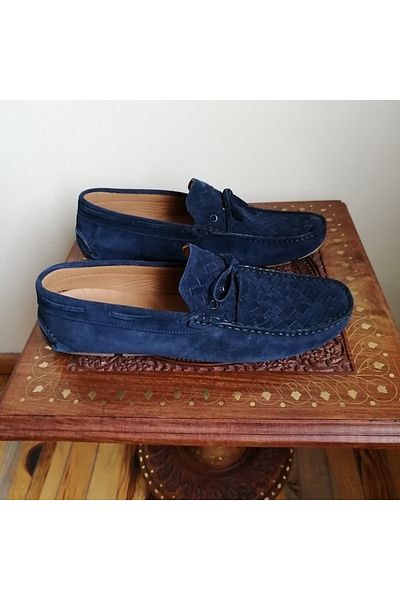 İnci Unisex Genuine Leather Suede Navy Blue Hand Knitted Plain Combination Bias Lacing Ornamental Rubber Insert Sole Loafer