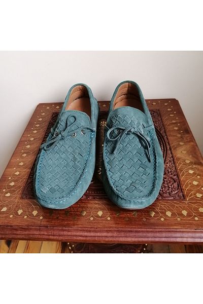 İnci Unisex Genuine Leather Suede Green Hand Knitted Plain Combination Bias Lacing Ornamental Rubber Insert Sole Loafer