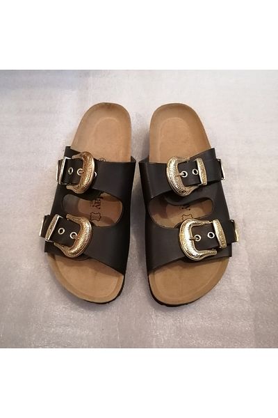 John May Unisex Genuine Vaketa Leather Black Gold Metal Patterned Buckle Three Adjustment Double Banded Slippers