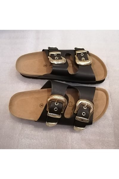 John May Unisex Genuine Vaketa Leather Black Gold Metal Patterned Buckle Three Adjustment Double Banded Slippers